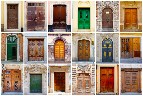 Photo collage of 18 colorful front doors to European houses and homes. Collage of the doors in Europe. Different European facade entrance doors. Europe colorful living city compilation set.