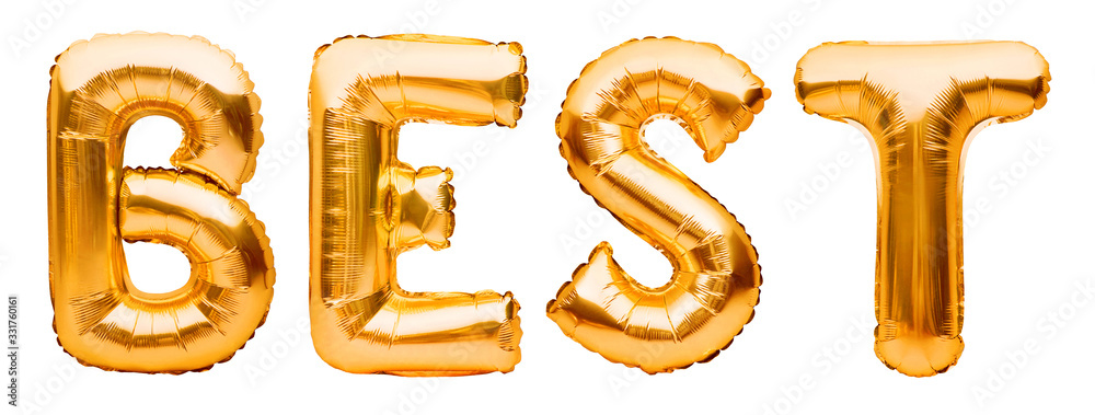 Word BEST made of golden inflatable balloons isolated on white background. Helium balloons gold foil forming word best. Discount and advertisement, party decoration Word BEST made of golden inflatable balloons isolated on white background. Helium balloons gold foil forming word best. Discount and advertisement, party decoration