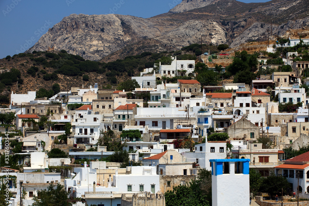Koronos, Naxos / Greece - August 25, 2014: A view of the mountain village of Koronos, Naxos, Cyclades Islands, Greece