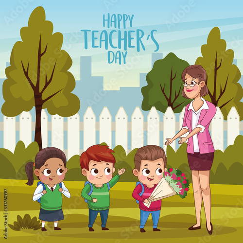 happy teachers day card with teacher and students in the field