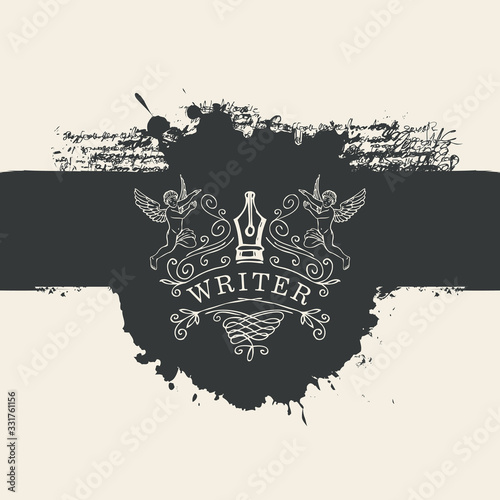 Vector banner with vignette or logo for writer on the background of abstract black spots in retro style. Artistic illustration with nib, angels, curlicues, black blots and splashes.