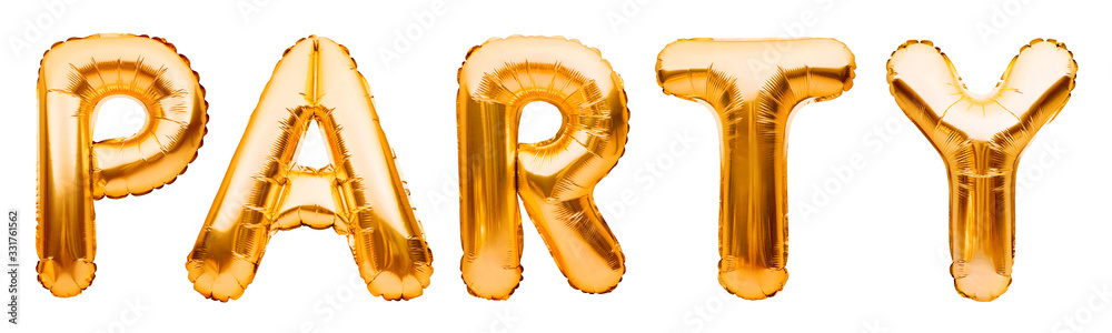 Golden word PARTY made of inflatable balloons isolated on white background.  Gold foil balloon letters. Celebration concept. foto de Stock | Adobe Stock