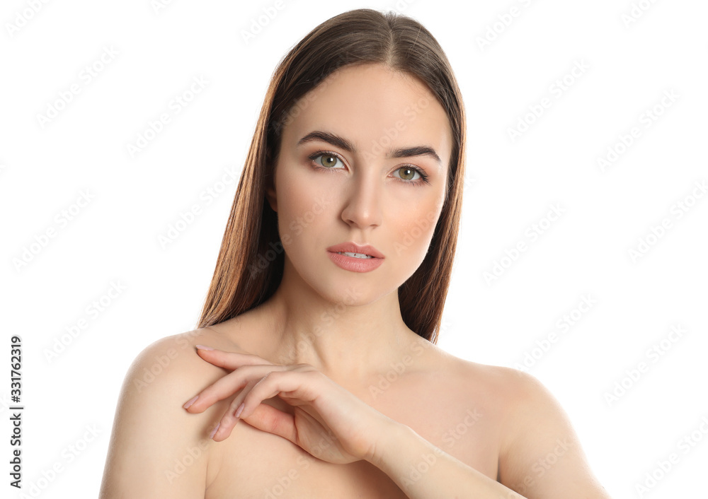 Portrait of young woman with beautiful face on white background Portrait of young woman with beautiful face on white background