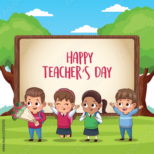 happy teachers day card with students in the field