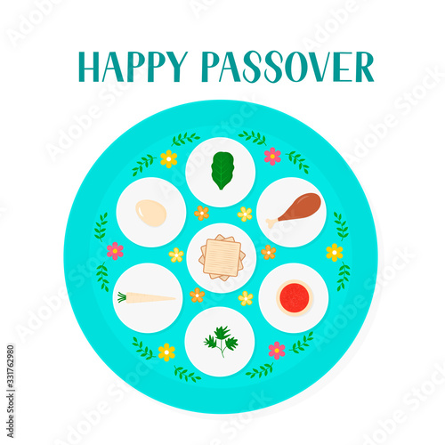 Passover ceder plate with traditional food isolated on white. Jewish holiday Easter. Easy to edit vector template for poster, greeting card, banner, invitation, postcard, flyer, sticker, etc.