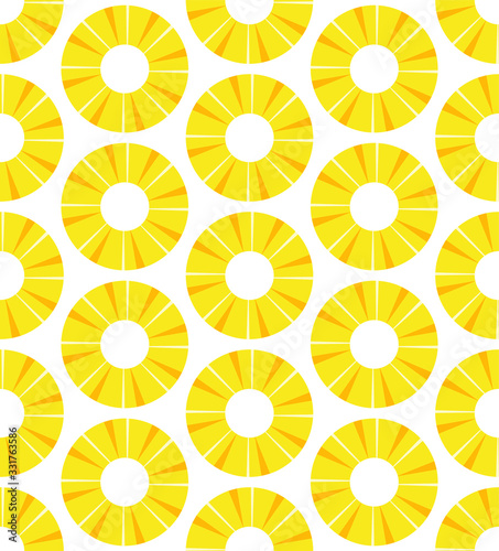 Seamless sliced pineapple pattern on the white background. Bright yellow slices. Print for wallpaper, covers, web, wrapping paper, fabric, textile.