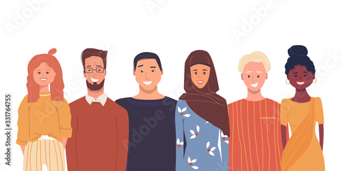 Colorful vector illustration. Young people. Multiethnic group of happy smiling people. Multicultural community. African, asian, european students. Communication and relations. Cultural diversity