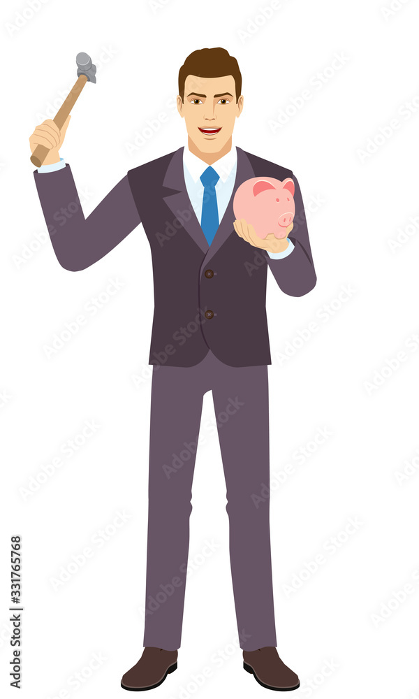 Smiling Businessman trying to break a piggy bank with a hammer. Full length portrait of Businessman in a flat style.
