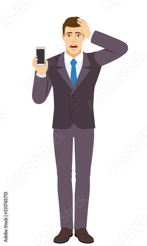 Businessman holding mobile phone and grabbed his head. Full length portrait of Businessman in a flat style.