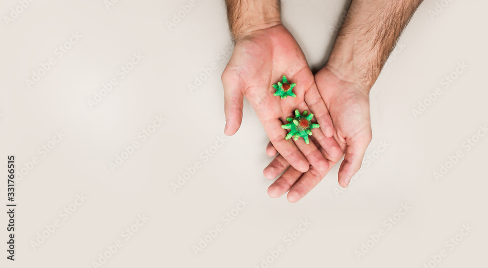 concept male hands with bacteria, virus isolated on pandemic white background, coronavirus covid 19 copy space place text wash your hands