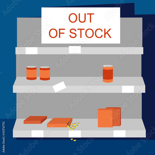 empty shelves in the supermarket and poster announcement - out of stock . Concept of panic buying due to coronavirus. Illustration in flat style.