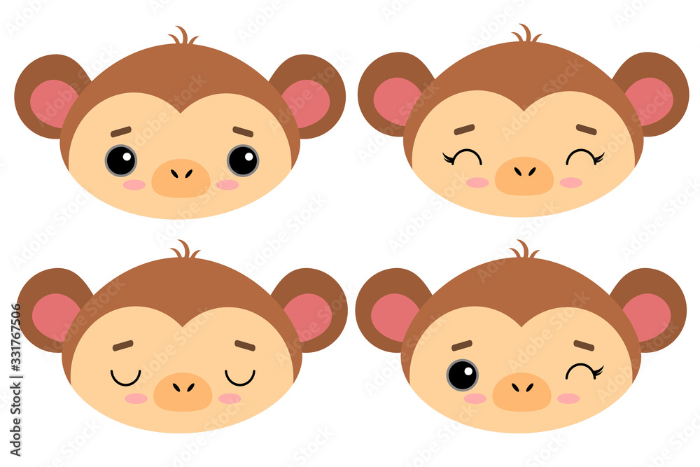 Set of cute vector illustrations with wild animals. Emotional monkey Isolated on a white background. Design for children, poster, print on fabric, greeting card. Set of cute vector illustrations with wild animals. Emotional monkey Isolated on a white background. Design for children, poster, print on fabric, greeting card.
