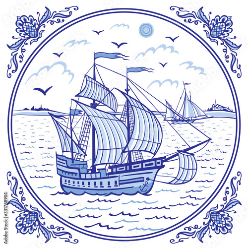 Sailing ship at sea, seascape in a patterned frame, illustration in folk style, Eastern or European painting for dishes, ceramics, etc. in blue tones.