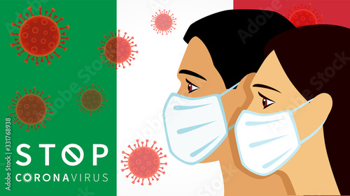 Stop Coronavirus, men & women in medical mask on Italy flag background with red virus COVID-19. Pandemic outbreak SARS nCoV, vector graphic creative with typography Stop Corona virus
