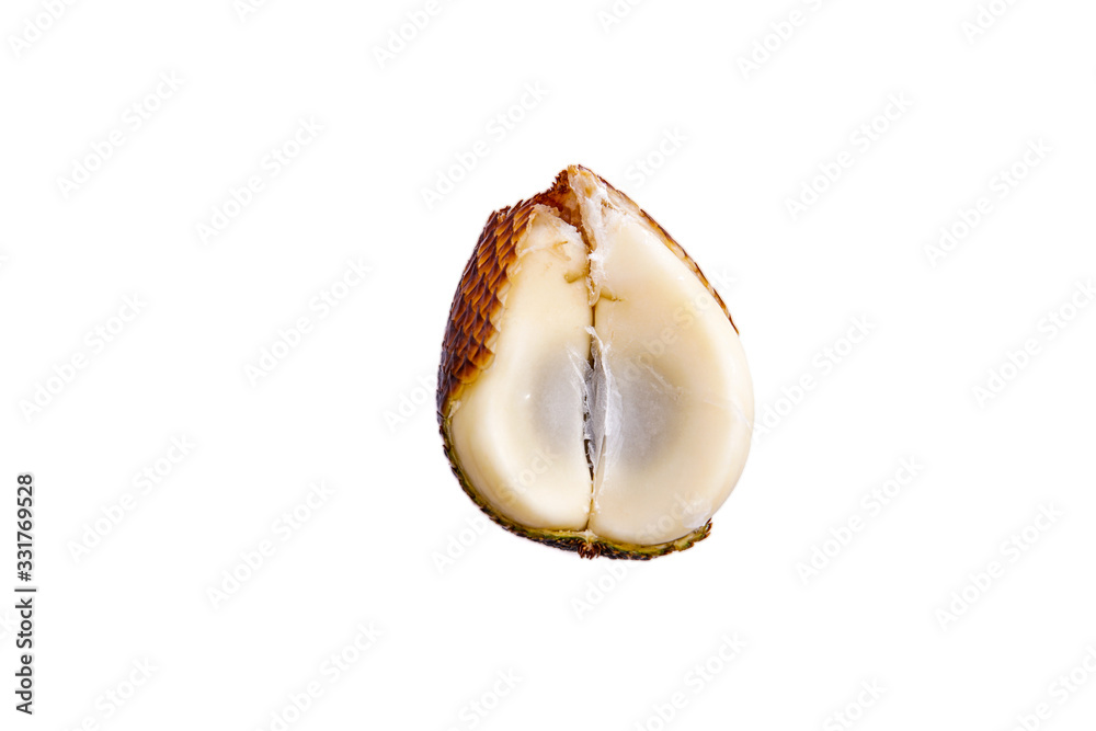 salacca or spiny palm fruit that has been peeled and intact, isolated white background and copy space, scientific name: Salacca zalacca