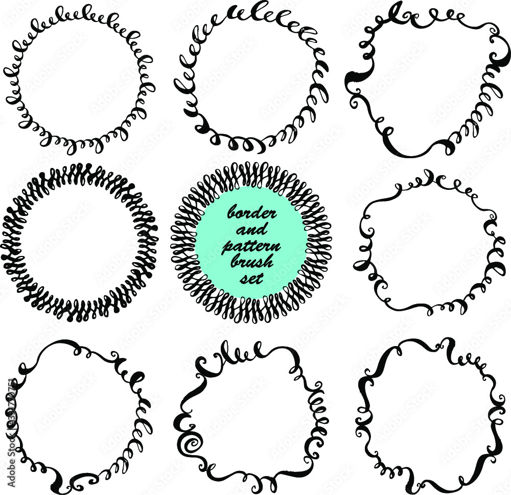Set of hand drawn vector decorative elements. Round ornamental frames with curves and loops. 