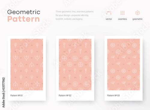 Set of seamless flowers patterns. Pink and white line backgrounds collection. Endless repeating linear texture for wallpaper,packaging, banners, invitations, business cards, fabric print, firm stile