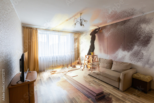 Obraz na plátně Collage from two images - room after renovation with furniture and during reconstruction with worker