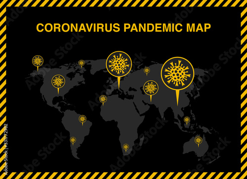 Map of Novel coronavirus COVID-19. NCov pandemic world map with geotags. Statistics of patients with coronavirus. Spread of the virus on the planet. Vector illustration