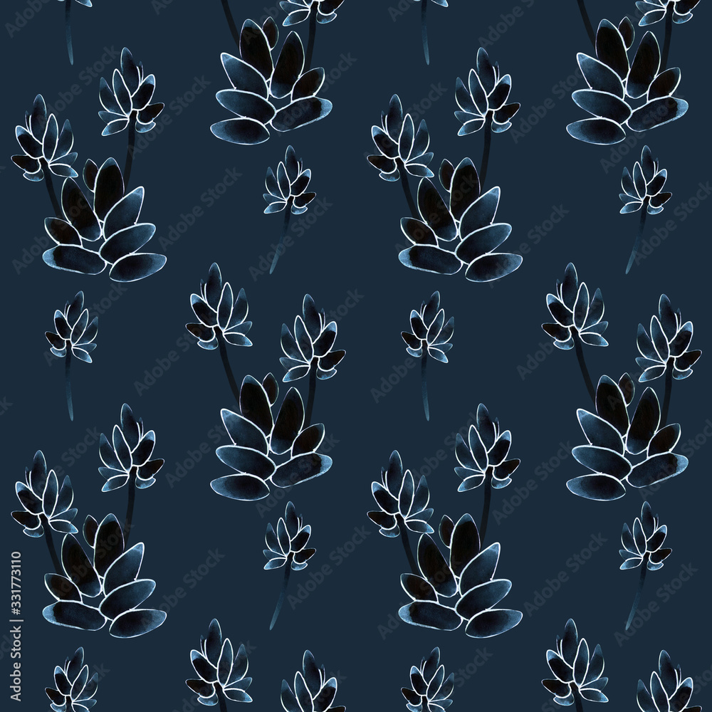 Seamless watercolor pattern with navy succulents on indigo background. Abstract desert plants, cactus. Hand painted, textile surface for fabric print, stationery and gift paper wrap Seamless watercolor pattern with navy succulents on indigo background. Abstract desert plants, cactus. Hand painted, textile surface for fabric print, stationery and gift paper wrap