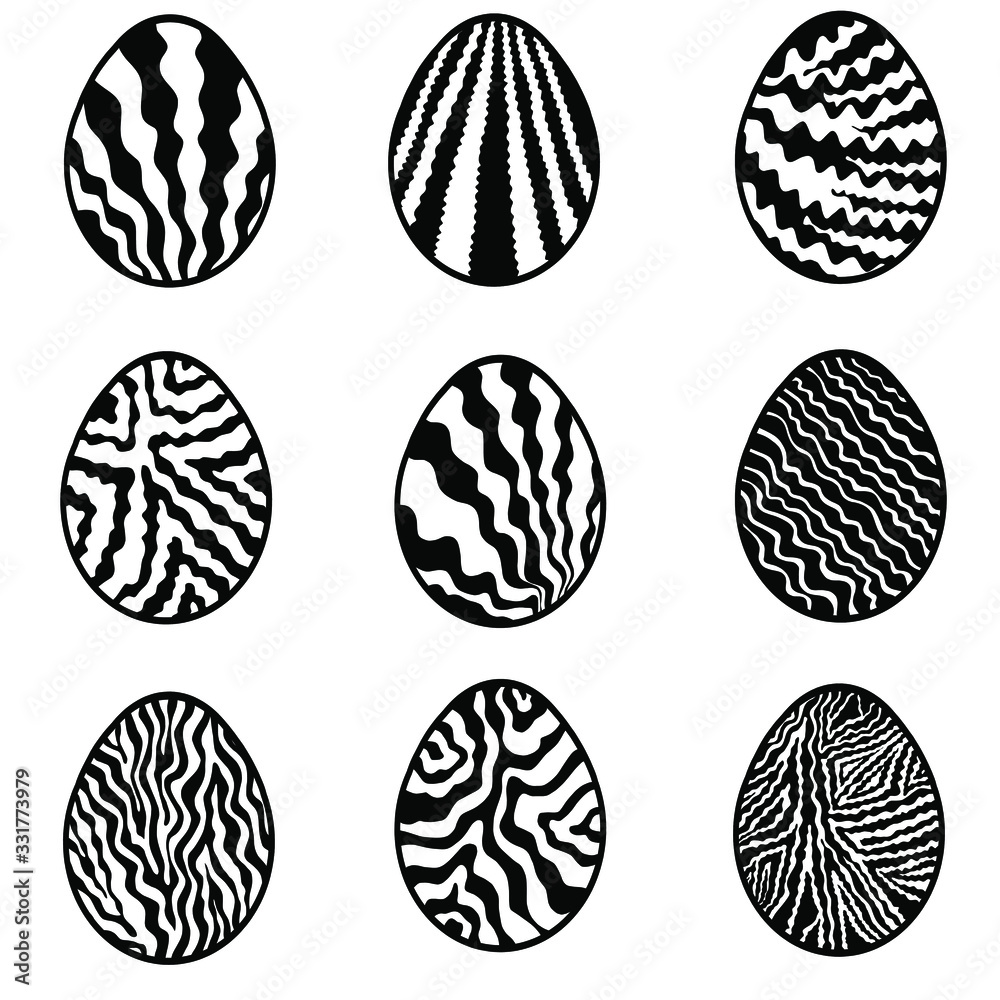 Set of easter eggs icons isolated on white background for your design.Vector illustration. Monochrome vector eggs. Black and white Set of easter eggs icons isolated on white background for your design.Vector illustration. Monochrome vector eggs. Black and white