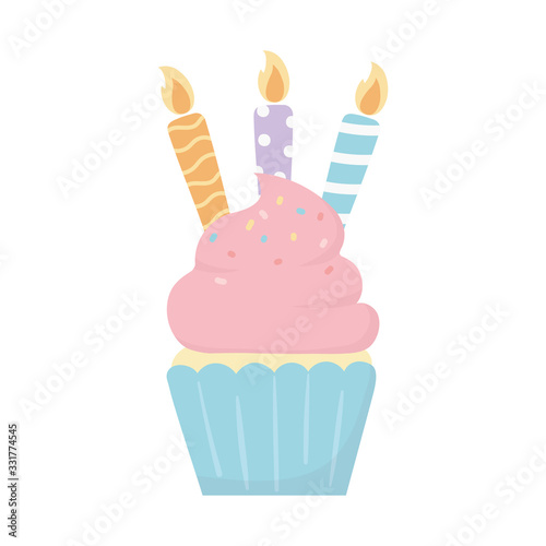 happy birthday sweet cupcake with candles party cartoon isolated icon
