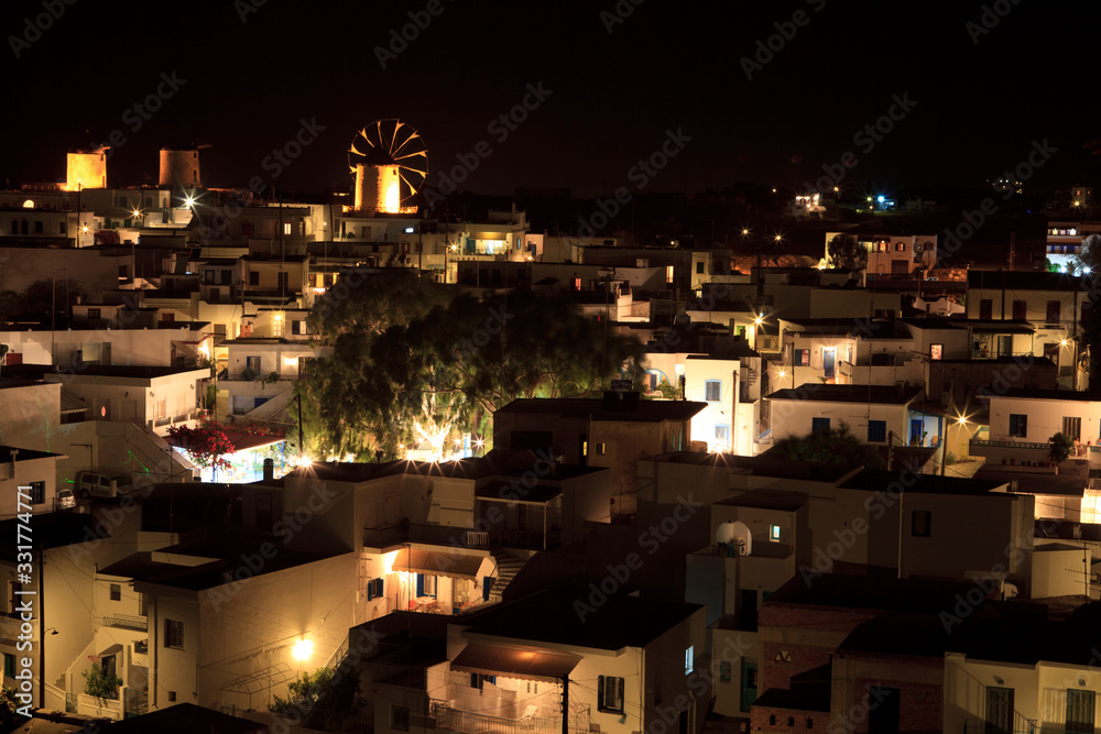 Vivlos, Naxos / Greece - August 25, 2014: The Vivlos village in the night, Naxos, Cyclades Islands, Greece