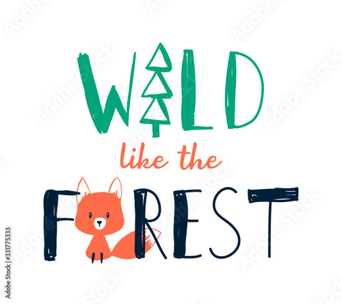 Hand drawing fox and forest vector illustration