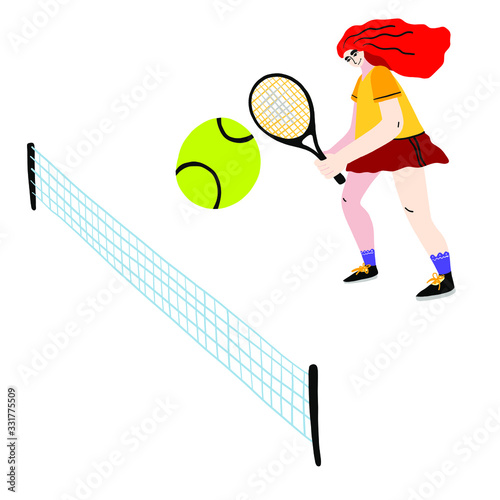 Girl playing tennis doodle style vector illustration. Female player hitting two-handed forehand cartoon character. Athlete in sportive outfit. Active lifestyle concept. T shirt print design.