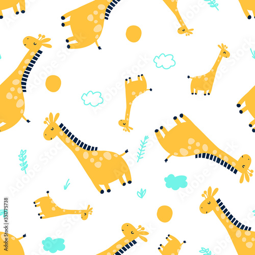 Hand drawing giraffe seamless vector illustration for baby print design.