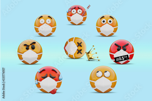 3D render     Terrified group of emoticon surrounds a dead body of sick emoji  who died of pneumonia caused by a coronavirus pandemic. Unexpected attack of Corona virus covid19 on emoji society 2020. 
