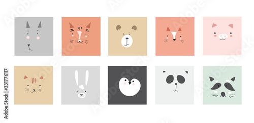 Cute simple animal portraits - hare, tiger, bear, sloth, cat, koala, fox, alpaca, panda, penguin. Great for designing baby clothes.flat style