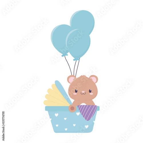 baby shower cute bear in pram with balloons decoration
