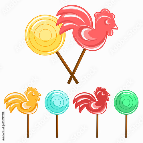 bright cockerel lollipops and round lollipop Isolated on a white background. Vector illustration. Sweetness, sugar, sweets for children.