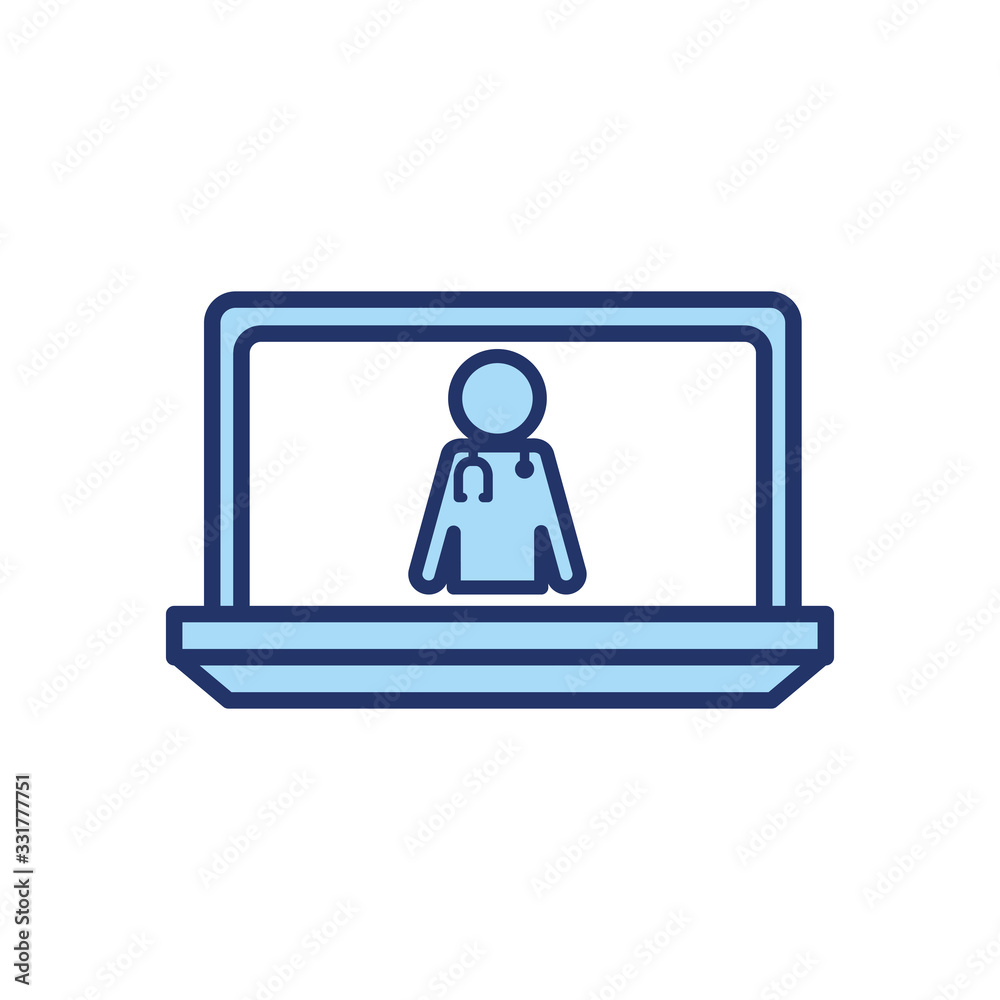 Avatar doctor with stethoscope inside laptop line and fill style icon vector design Avatar doctor with stethoscope inside laptop line and fill style icon vector design