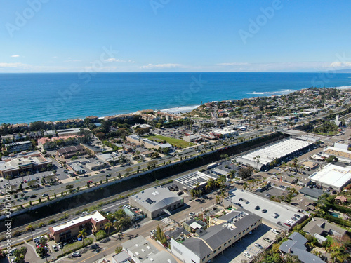 Aerial view of Solana Beach with Pacific ocean during sunny day, coastal city in San Diego County, California. USA
