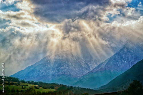 Spectacular sun rays in french alps