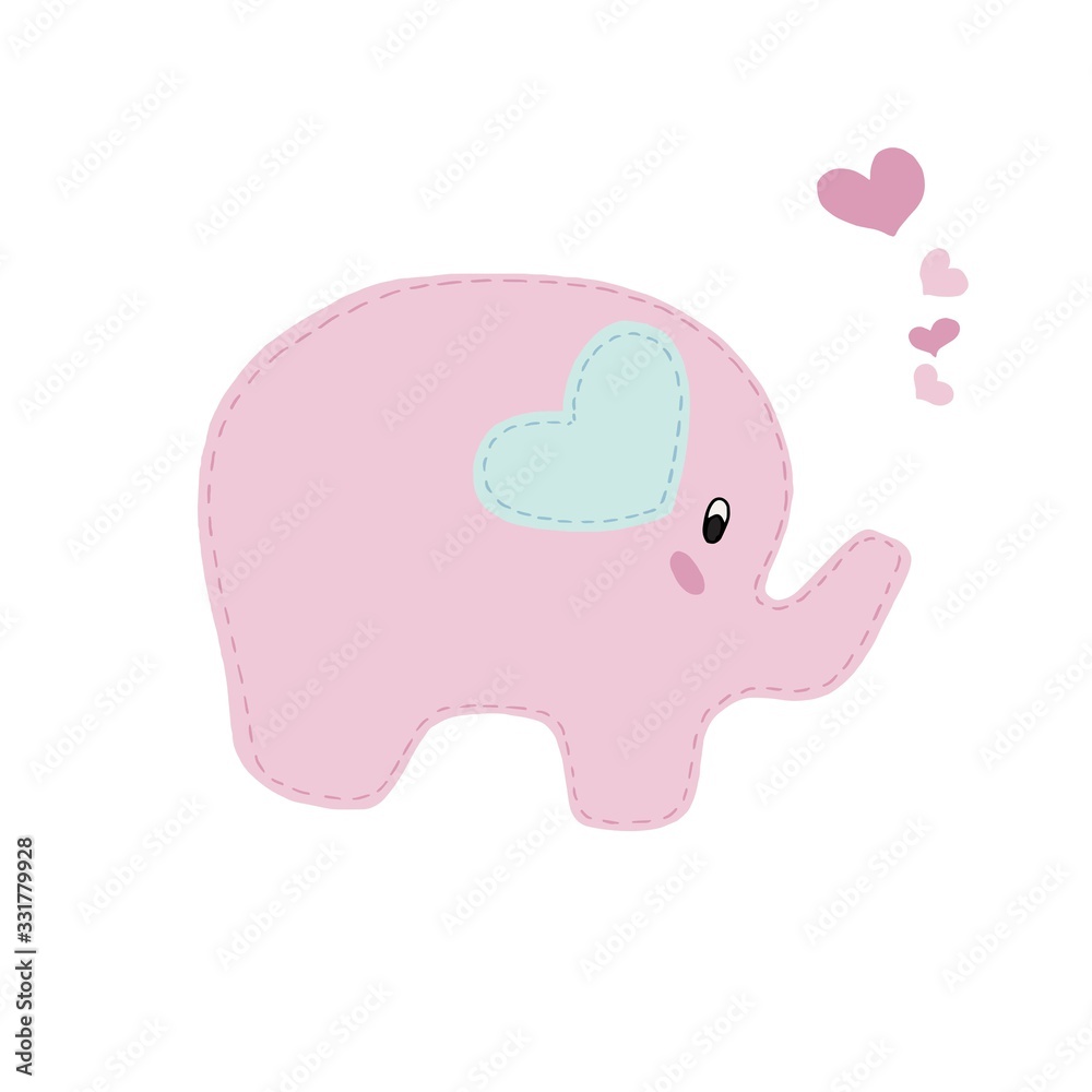 vector element, cute baby elephant with decorative stitching for a child with hearts vector element, cute baby elephant with decorative stitching for a child with hearts