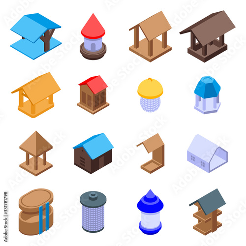 Bird feeders icons set. Isometric set of bird feeders vector icons for web design isolated on white background