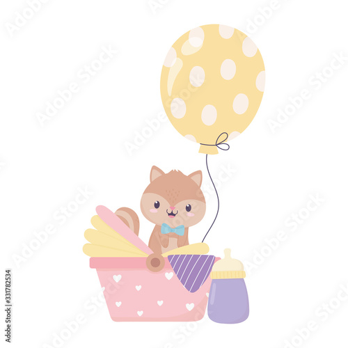 baby shower squirrel in pram with milk bottle balloons cartoon decoration