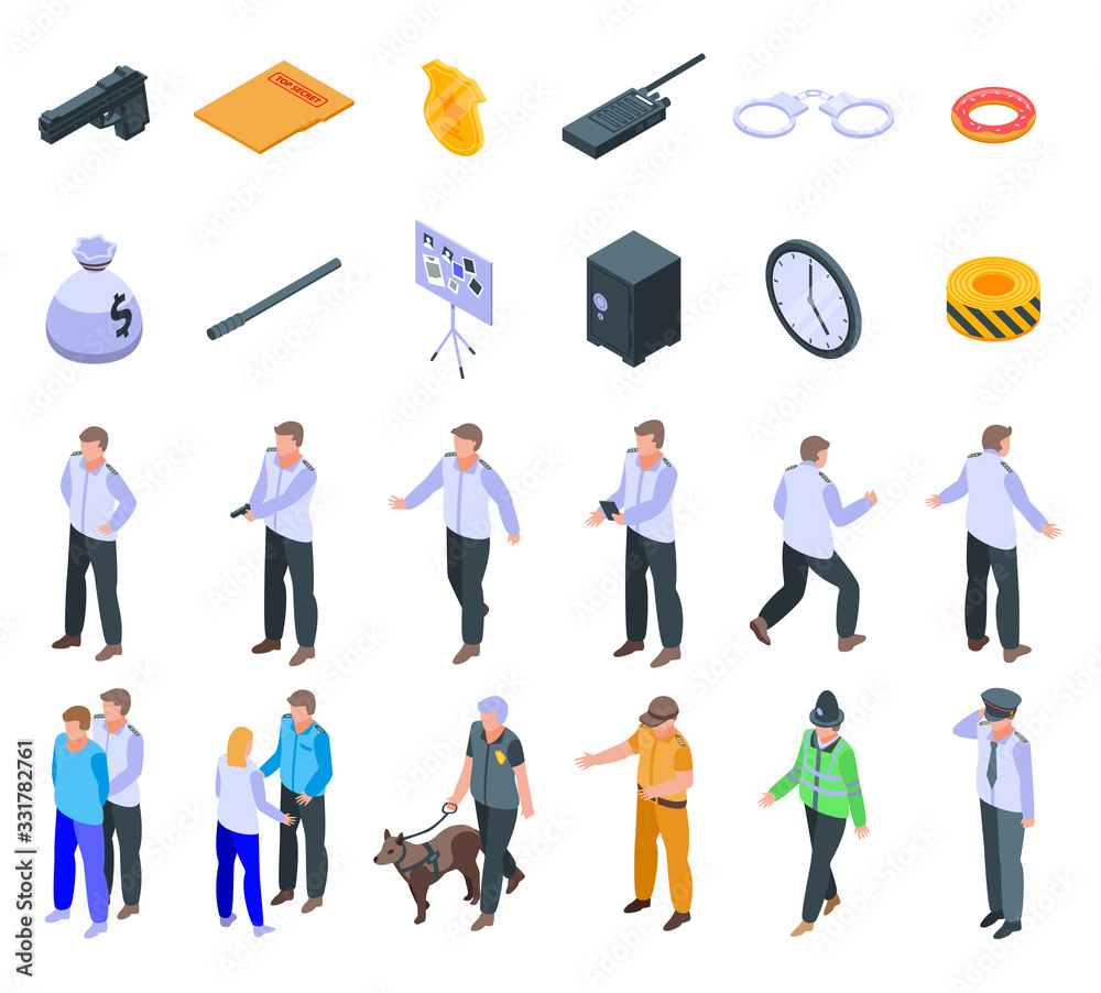 Policeman icons set. Isometric set of policeman vector icons for web design isolated on white background Policeman icons set. Isometric set of policeman vector icons for web design isolated on white background