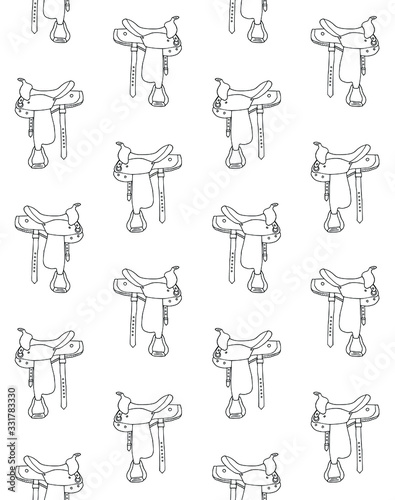 Vector seamless pattern of hand drawn doodle sketch western cowboy equestrian horse saddle isolated on white background
