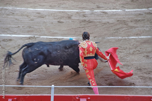 Bullfighter and a bull in a bullring during spanish national entertainment bullfighting
