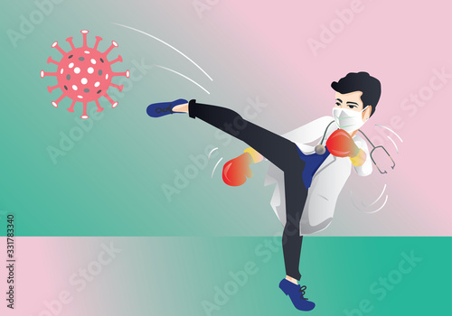 The character of a male doctor fighting a virus Kicking the symbol of the virus corona virus concept, Flat Cartoon Vector Illustration