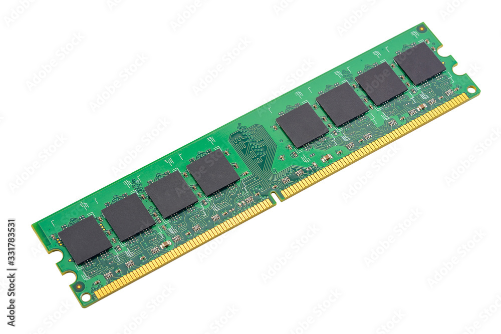 Foto Stock computer RAM, system memory, main memory, random access memory,  internal memory, onboard, computer detail, close-up, high resolution,  isolated on white background | Adobe Stock