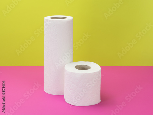 Paper towel and toilet paper on a bright background.
