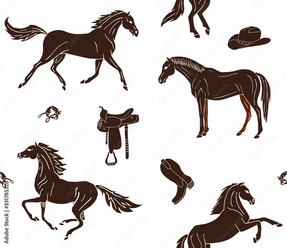 Fototapeta Vector seamless pattern of hand drawn doodle sketch brown horses and cowboy western equipment isolated on white background