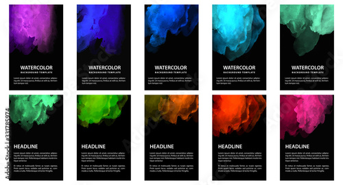 Obraz na płótnie Big set of bright vector colorful watercolor on vertical black background for poster or flyer
