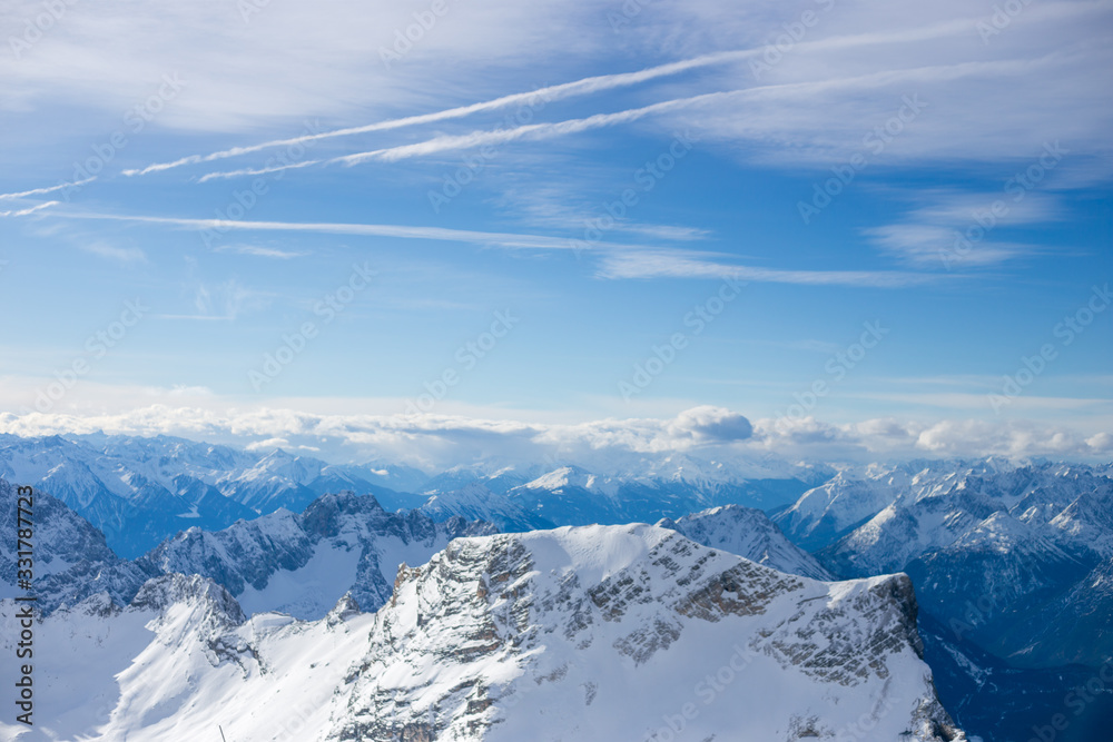 Fototapeta premium High alpine mountains with snow in Germany and blue beautiful sky