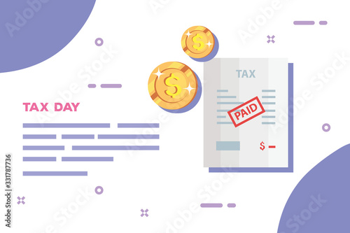 tax day poster with document paid and coins vector illustration design